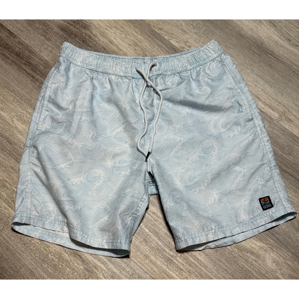 Micros Swim Trunks Men's‎ Medium Blue White Wave Pattern Drawstring Shorts